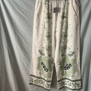 Haute Hippie White Green Floral Pants wide Leg high waist pants sz Large 12 14